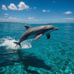 Naklejka premium A dolphin jumping out of turquoise ocean waters under a bright blue sky.