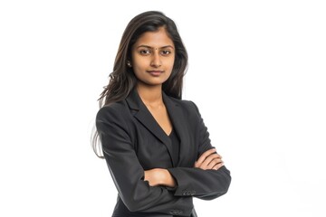 Full length portrait of attractive Indian businesswoman arms folded isolated on white background