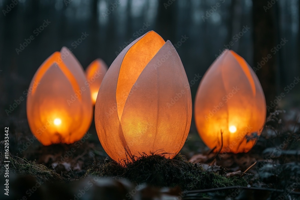 Poster Lanterns glowing softly in a forest during dusk create a magical atmosphere