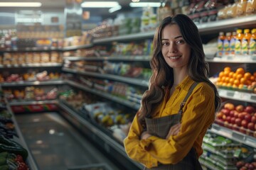 Fototapeta premium Confident woman owner at supermarket aisle.