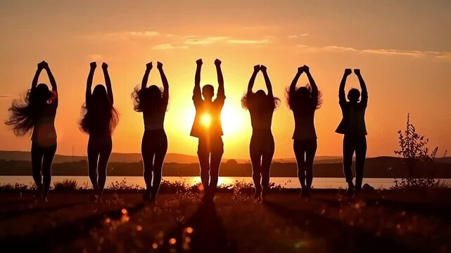 Friends having fun on the beach party during the sunset time. slow motion