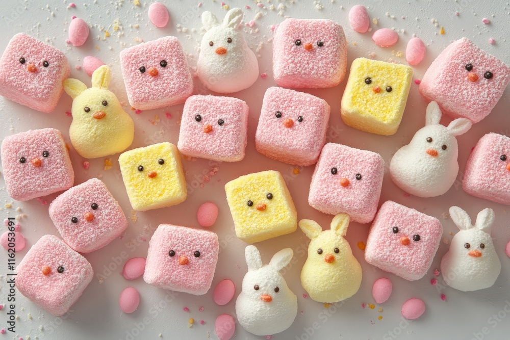 Poster marshmallow treats in various shapes and colors arranged on a white surface for a festive spring cel
