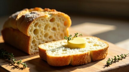 Golden-crusted loaf of bread with a pat of butter and fresh herb sprig on a rustic wooden board