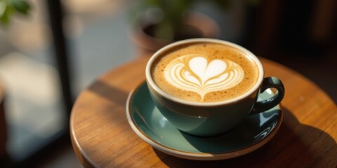 Aromatic Latte Art Heart-Shaped Foam in a Teal Cup on Wooden Table