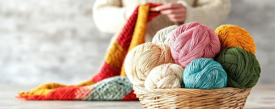 Colorful yarn balls in a basket with a person knitting a blanket in the background, showcasing a cozy crafting scene perfect for hobby enthusiasts.