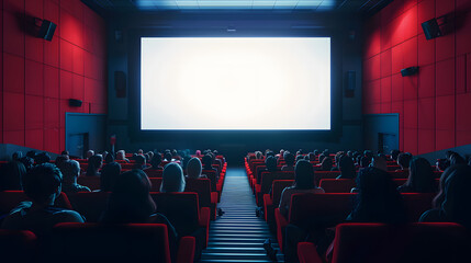 A movie theater showcases a large screen with people