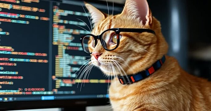 A playful ginger cat wearing colorful, fun glasses, a sleek laptop. The laptop screen is full of JavaScript code, Coder Cat label is sitting next to the computer
