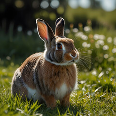Obraz premium The real life lively rabbit standing proudly on a sunny meadow with a playful smirk on its face. A fluffy brown bunny, basking in the golden light of a summer day. So peaceful.