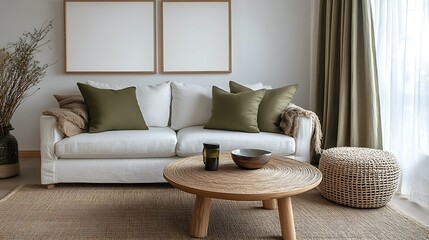Minimalist living room with white sofa, wooden coffee table, and olive green pillows.