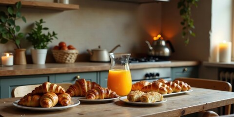 A delightful morning spread featuring freshly baked croissants and sweet rolls, accompanied by a refreshing glass of orange juice, set upon a rustic wooden table in a cozy kitchen