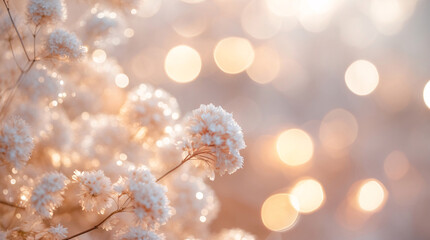 Macro photograph of a colorful flower under the warm glow of afternoon sunlight with a blurred bokeh effect in pink and orange tones