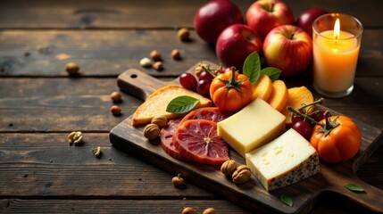 Artisanal Cheese and Fruit Platter with Nuts and Candlelight on Rustic Wood
