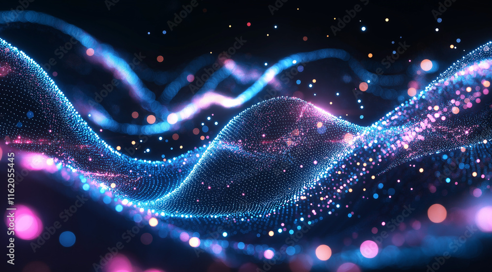 Aufkleber black background with intricate white dot wave resembling digital sound waves or data flow. dense pa