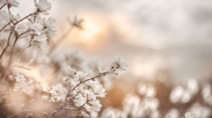 Warm afternoon sunlight bathes a blooming flower in a close up photo creating a soft pink and orange bokeh background