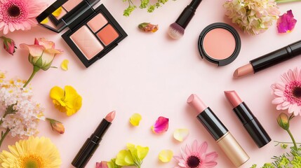 Inclusive cosmetics pattern background concept. Colorful makeup products surrounded by fresh flowers on a light background.