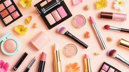 Inclusive cosmetics pattern background concept. Cosmetic products arranged with flowers on a pink background.