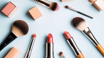 Inclusive cosmetics pattern background concept. Assorted makeup brushes and cosmetics on a pastel background.