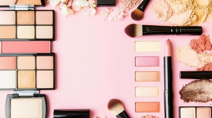 Inclusive cosmetics pattern background concept. Colorful makeup products arranged on a pink background.