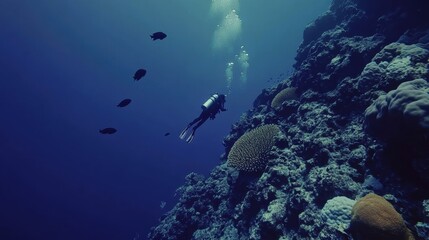Fototapeta premium A man is diving into the ocean with a group of fish swimming around him