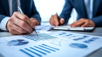 Businessmen Analyzing Financial Data Charts and Graphs