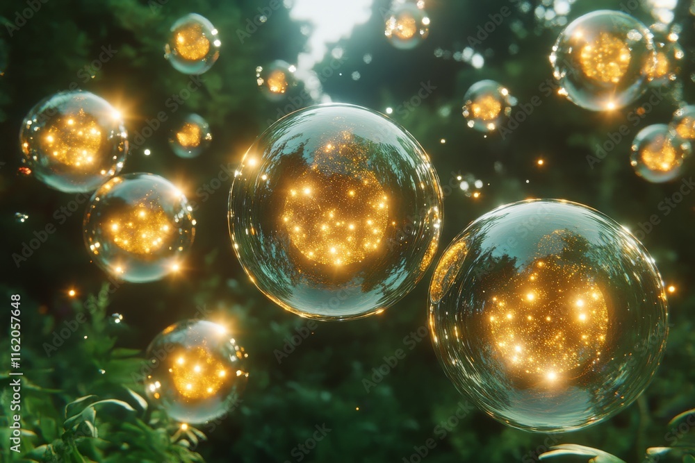 Poster Bubbles reflecting golden lights float above lush greenery in a serene natural setting during the day