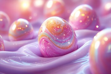 Colorful marble eggs resting on a shiny purple surface in a dreamy, soft-focus environment