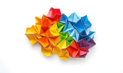 Colorful origami paper shapes arranged in a cluster on white background.