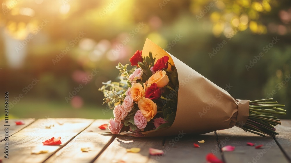 Poster freshly arranged bouquet of colorful flowers wrapped in kraft paper on a wooden table in natural lig
