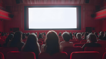 A movie theater showcases a large  empty screen with audience