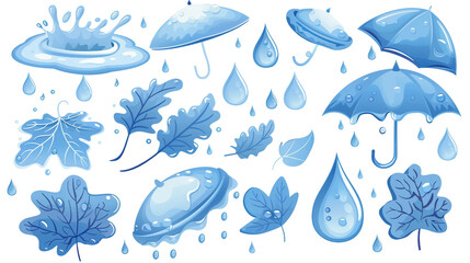 Isolated water drops and puddles in a cartoon style, perfect for autumn and spring weather designs. A collection of rainy day elements with tears and moisture in transparent backgrounds.