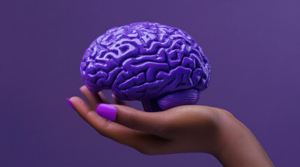 Purple day for epilepsy awareness concept. hand holding purple brain model against purple background