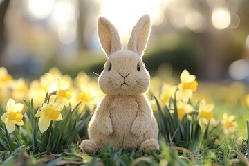 Obraz premium Cute rabbit sits among blooming daffodils in a sunny park during springtime