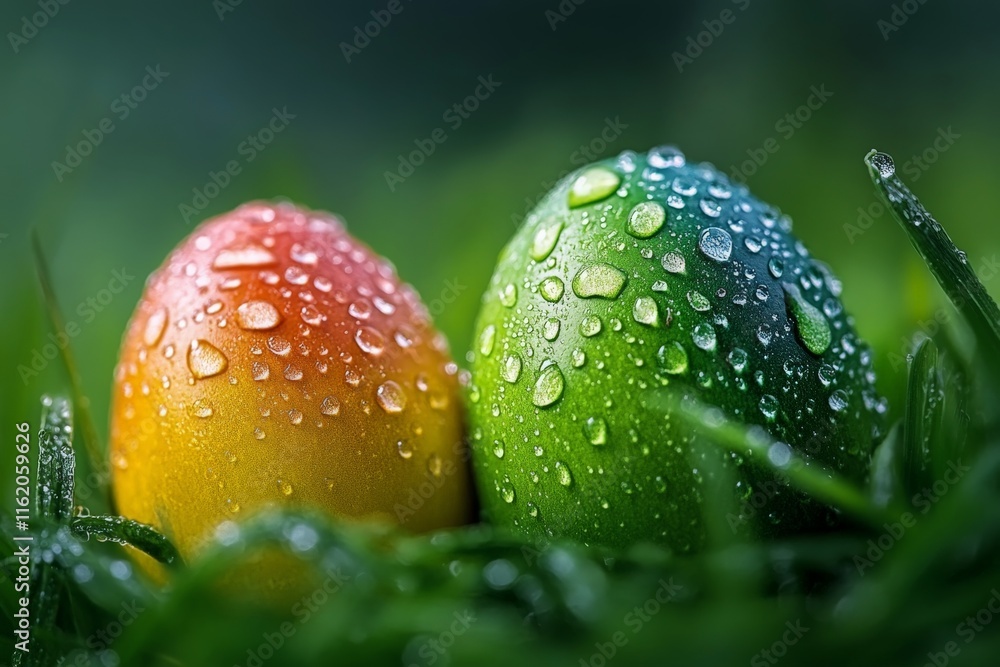 Aufkleber Decorative eggs with water droplets resting on grass in a vibrant spring setting