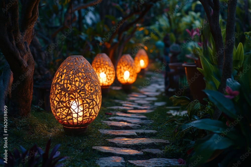 Poster decorative lanterns illuminate a serene garden path during the evening