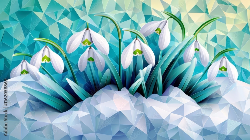 Poster abstract representation of snowdrop flowers surrounded by snow on a colorful background with geometr