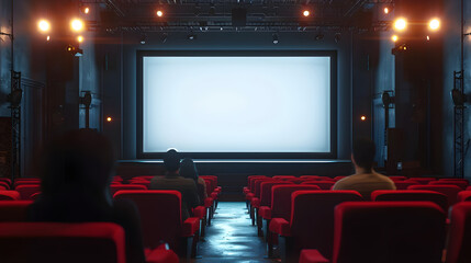 A movie theater showcases a large  empty screen with audience
