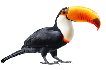 Fototapeta premium a toucan with a large. colorful beak stands on a transparent background its black feathers and white throat are clearly visible the beak is a vibrant orange and yellow. with a red tip