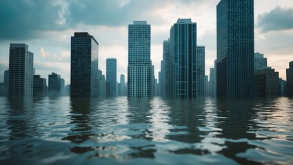 Fototapeta premium Flooded urban landscape with submerged skyscrapers