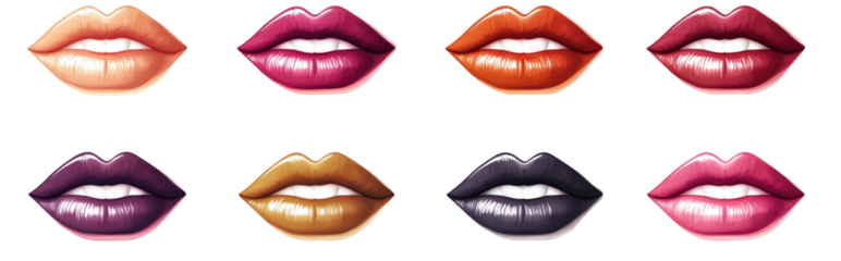 collection of eight different colored lips lips are a symbol of beauty and femininity. each color representing a different mood or personality they are isolated on a transparent background. ready for