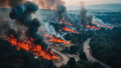 Dramatic Wildfire Scene with Emergency Response and Urgency