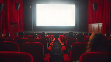 A movie theater showcases a large  empty screen with audience