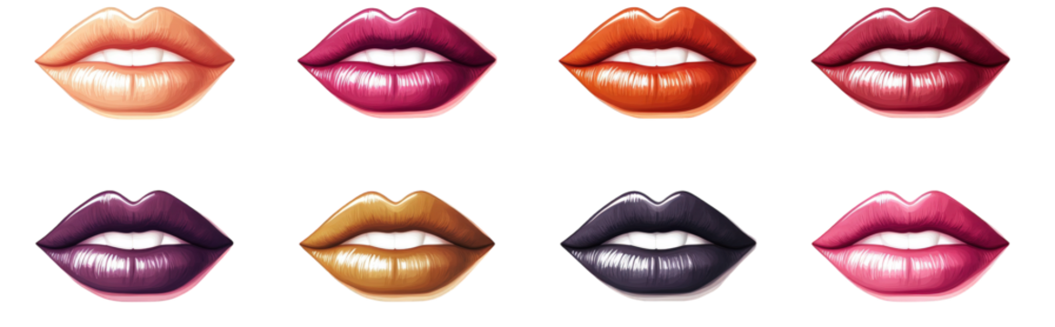 collection of eight different colored lips lips are a symbol of beauty and femininity. each color representing a different mood or personality they are isolated on a transparent background. ready for - Powered by Adobe