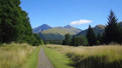 Scenic path through grassy field leading to majestic mountains under a clear blue sky.
