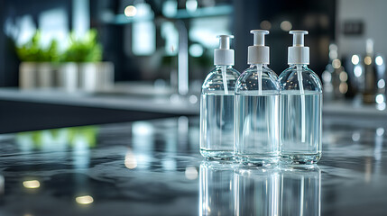Row of Glass Cleaning Bottles on Marble Counter: Symbol of Purity and Efficiency