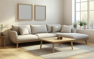 Fototapeta premium Modern living room with beige sectional sofa, wooden coffee table, and natural light.