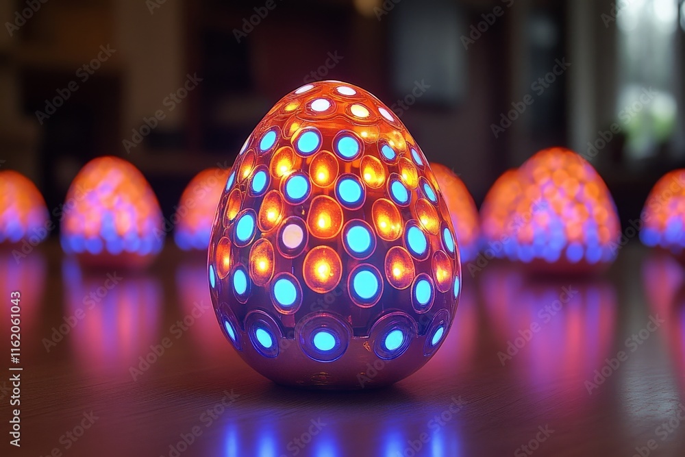 Poster Colorful illuminated eggs display vibrant patterns in a cozy indoor setting during an evening gathering