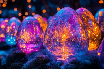 Colorful glowing eggs illuminate a winter night at a festive outdoor display in a public park