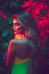 A woman with long hair is standing in a forest with a yellow dress. The image has a vibrant and colorful mood, with the woman's dress and the surrounding foliage creating a sense of energy and life