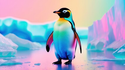 Vibrant Emperor Penguin in Colorful Ice Landscape