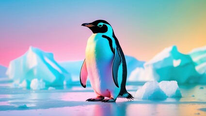 Fototapeta premium Vibrant Penguin on Icy Surface with Colorful Icebergs